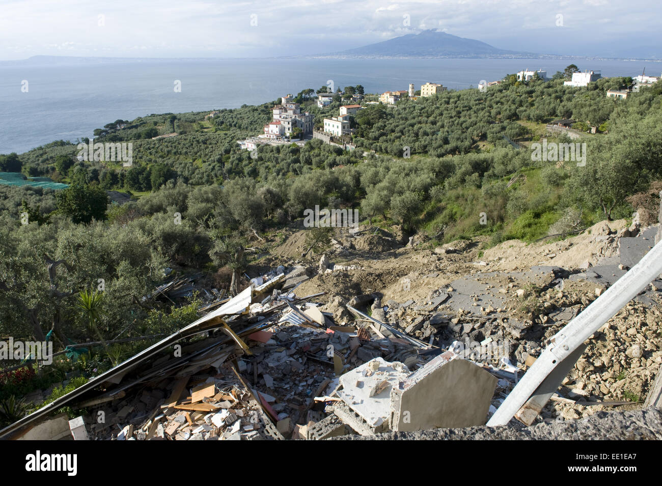 Flood damaged coastal road through olive groves and farmland, which has collapsed after heavy rain on the Bay of Naples near Sorrento, May Stock Photo