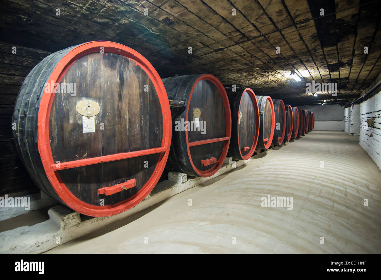 Huge barrels of wine in the cellars of Cricova, one of the largest wineries of the world, Moldova, Europe Stock Photo