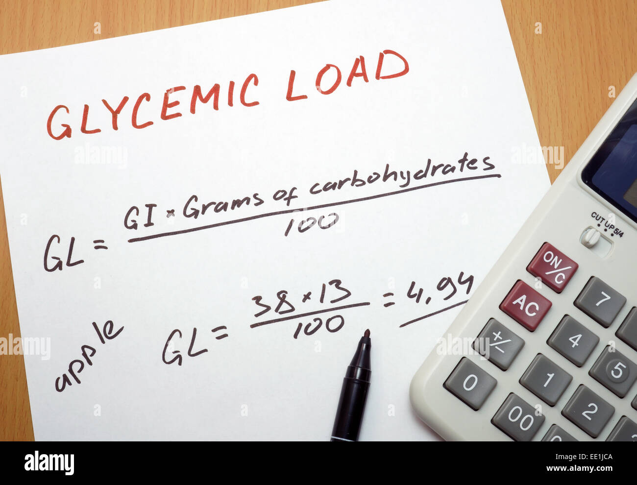 calculator, a marker and a paper with a glycemic load formula Stock Photo