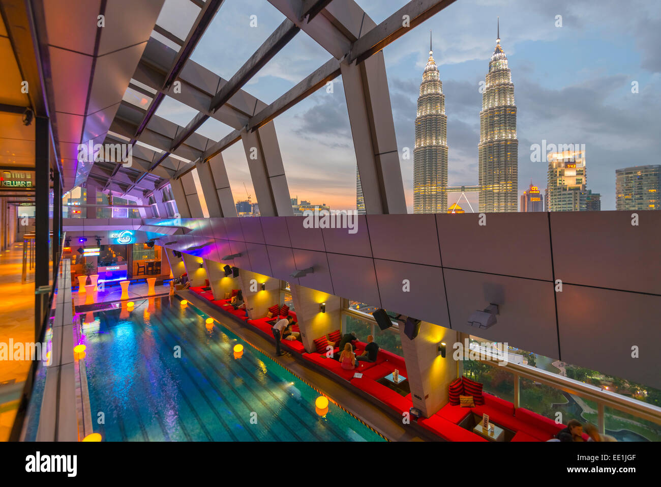 Petronas Towers viewed from Skybar of Traders Hotel, Kuala Lumpur, Malaysia, Southeast Asia, Asia Stock Photo