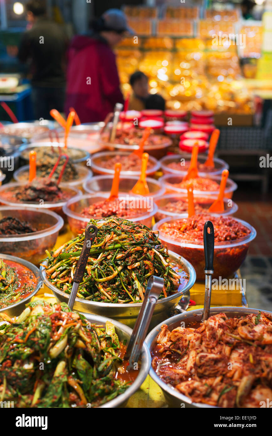 Kimchi pickled vegetables, Dongmun traditional market, Jeju Island, South Korea, Asia Stock Photo