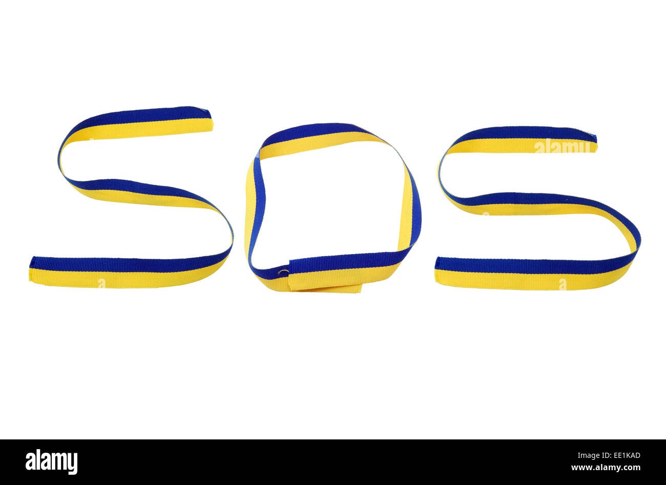 Word SOS from ribbon with ukrainian flag. Concept photo. Stock Photo