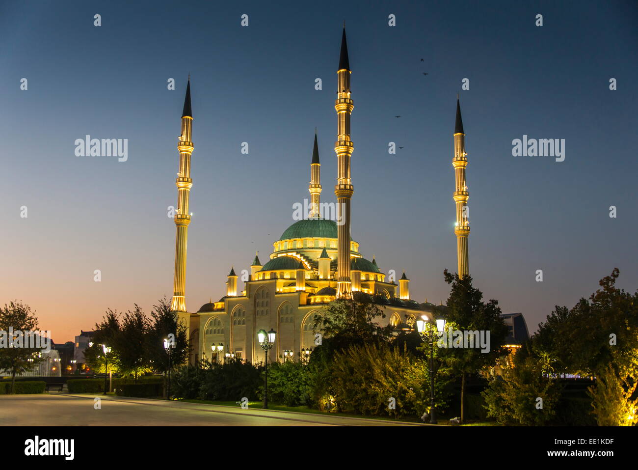 Akhmad Kadyrov Mosque after sunset, Grozny, Chechnya, Caucasus, Russia, Europe Stock Photo