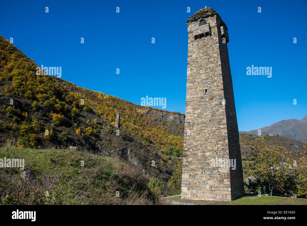 Chechen watchtowers in the Chechen Mountains near Itum Kale, Chechnya, Caucasus, Russia, Europe Stock Photo