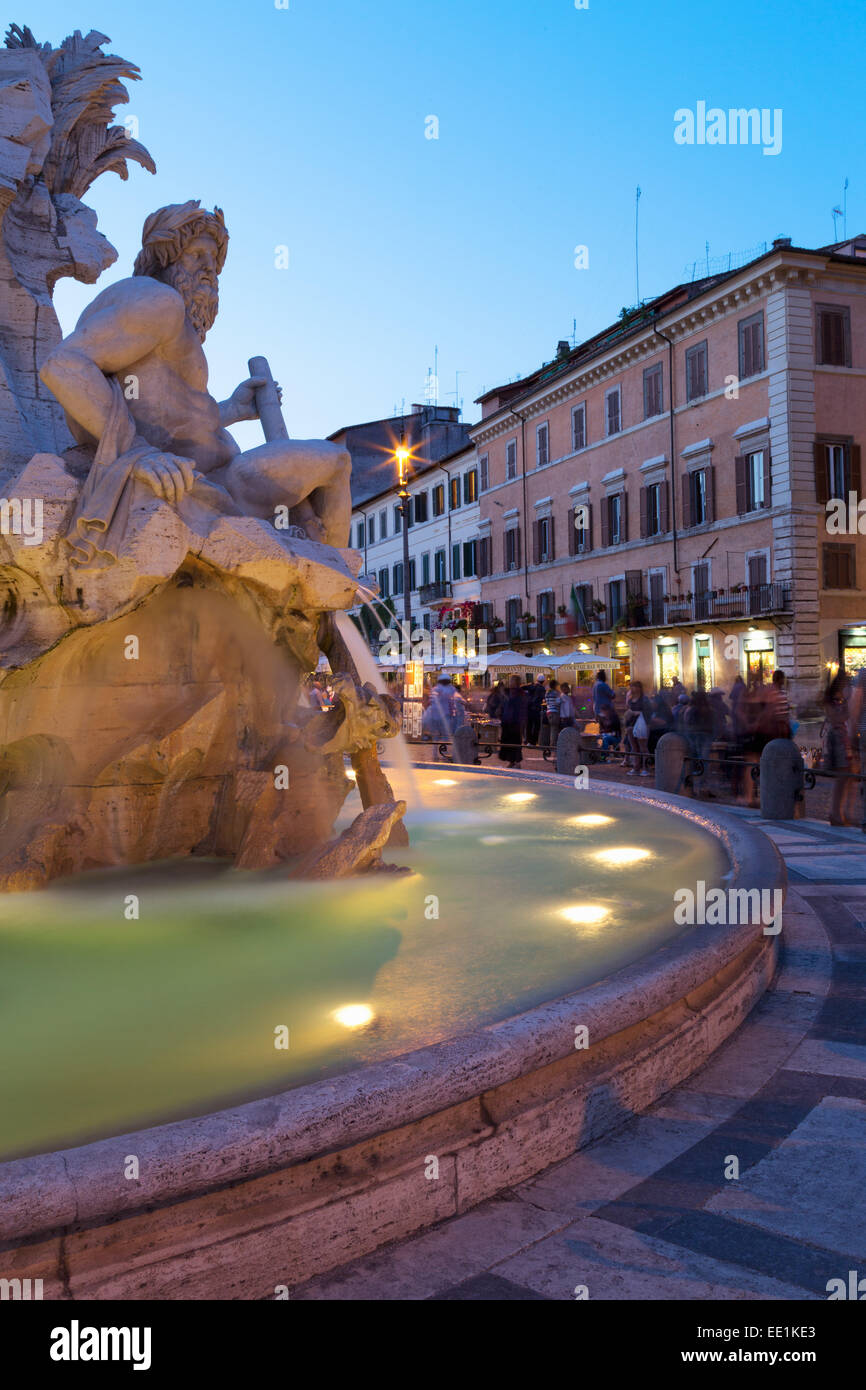 Bernini's Fontana dei Quattro Fiumi (Fountain of Four Rivers) in Piazza Navona at night, Rome, Lazio, Italy, Europe Stock Photo