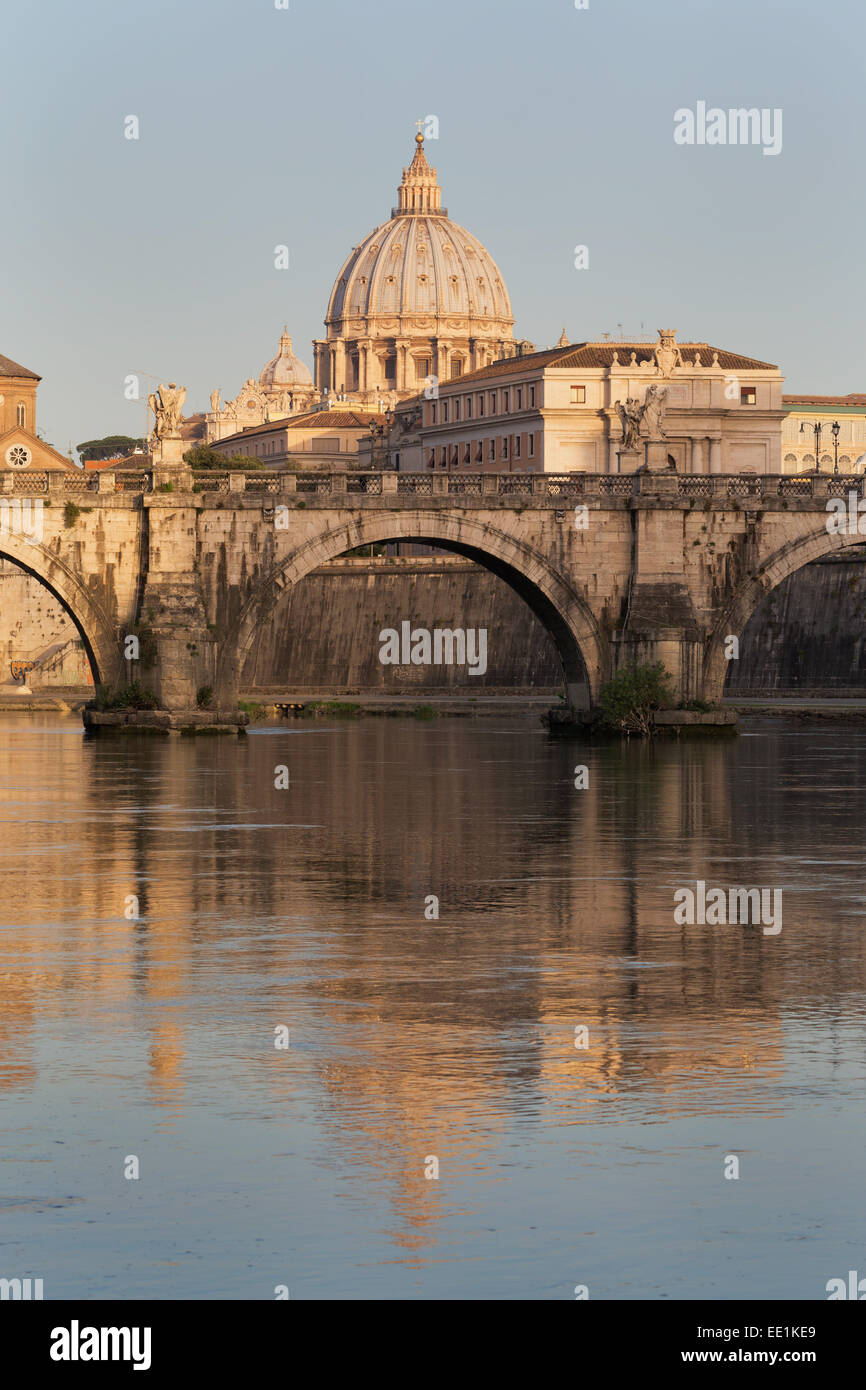 Ponte Sant' Angelo bridge and St. Peter's Basilica reflected in the River Tiber, Rome, Lazio, Italy, Europe Stock Photo
