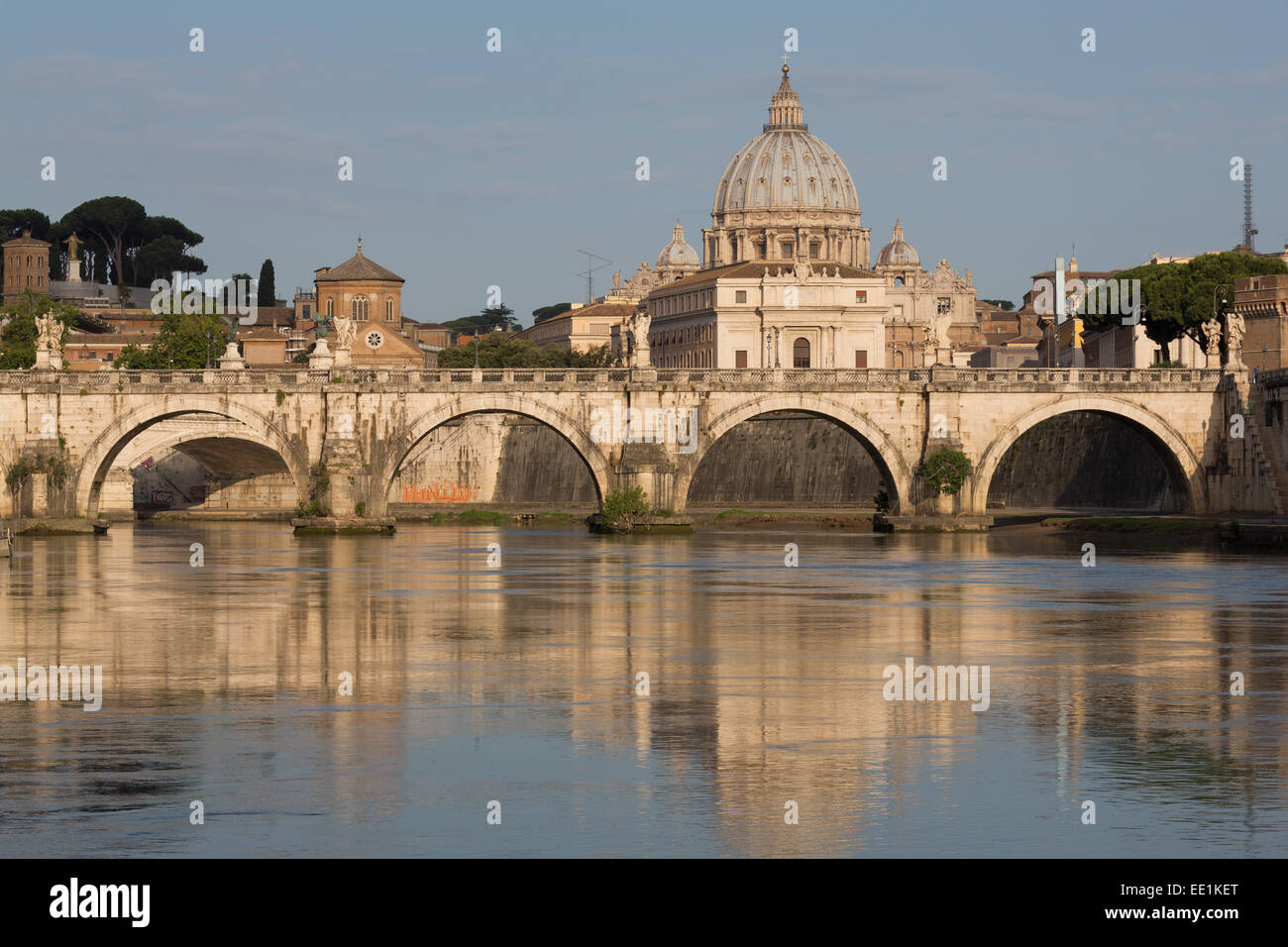 The River Tiber with Ponte Sant' Angelo bridge and St. Peter's Basilica, Rome, Lazio, Italy, Europe Stock Photo