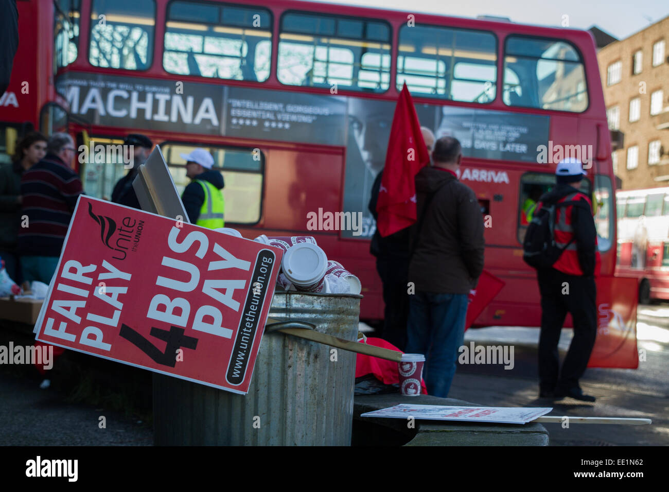 Unite Sign and group of protesters outside Telford Avenue Bus Depot Stock Photo