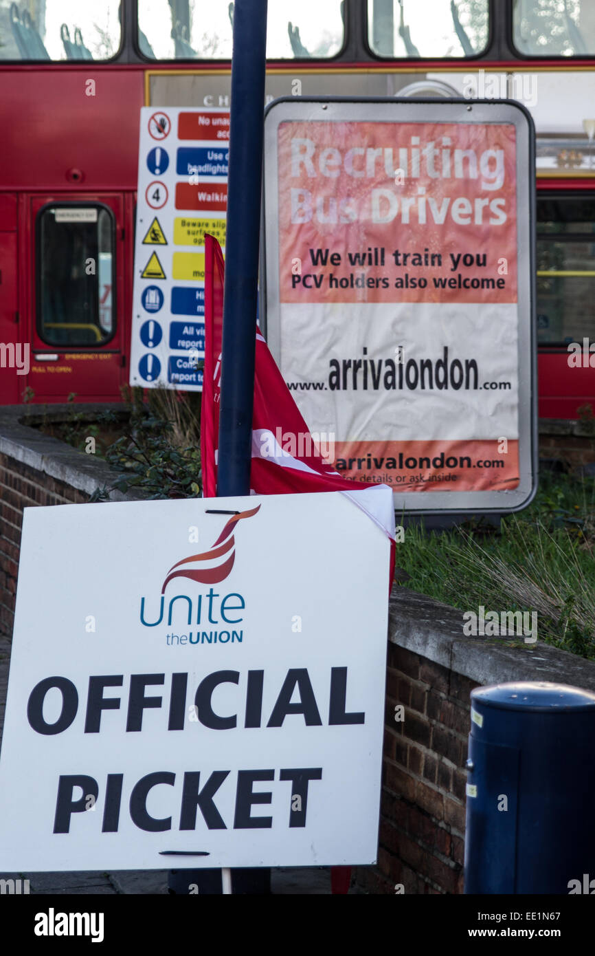 Official Picket for striking bus drivers, with a recruitment sign in the background Stock Photo