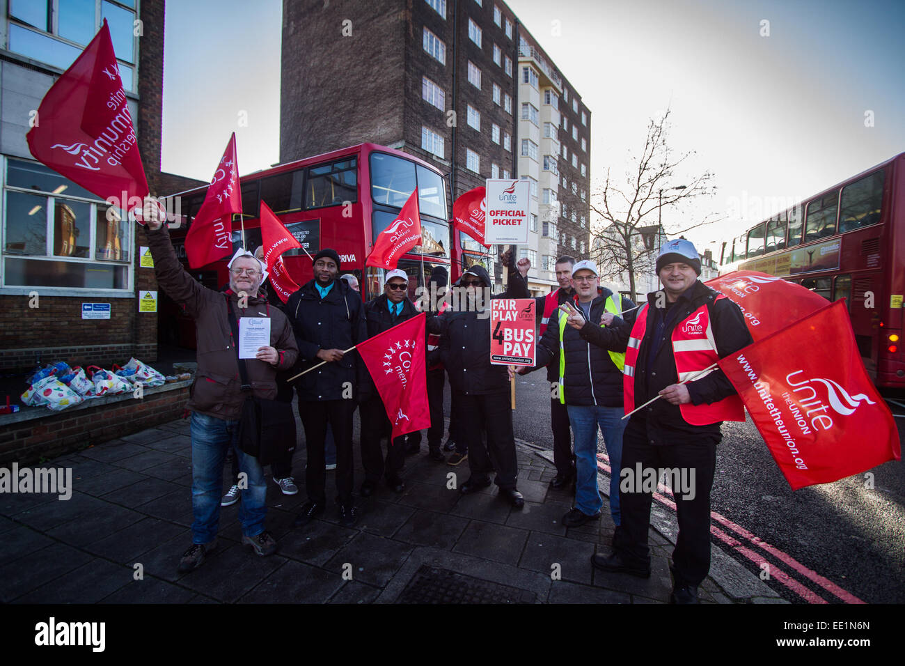A group of Unite members striking against pay and contract differences for Bus Drivers. Unite claims there are 80 different rates of pay for drivers, with up to £3 per hour difference Stock Photo