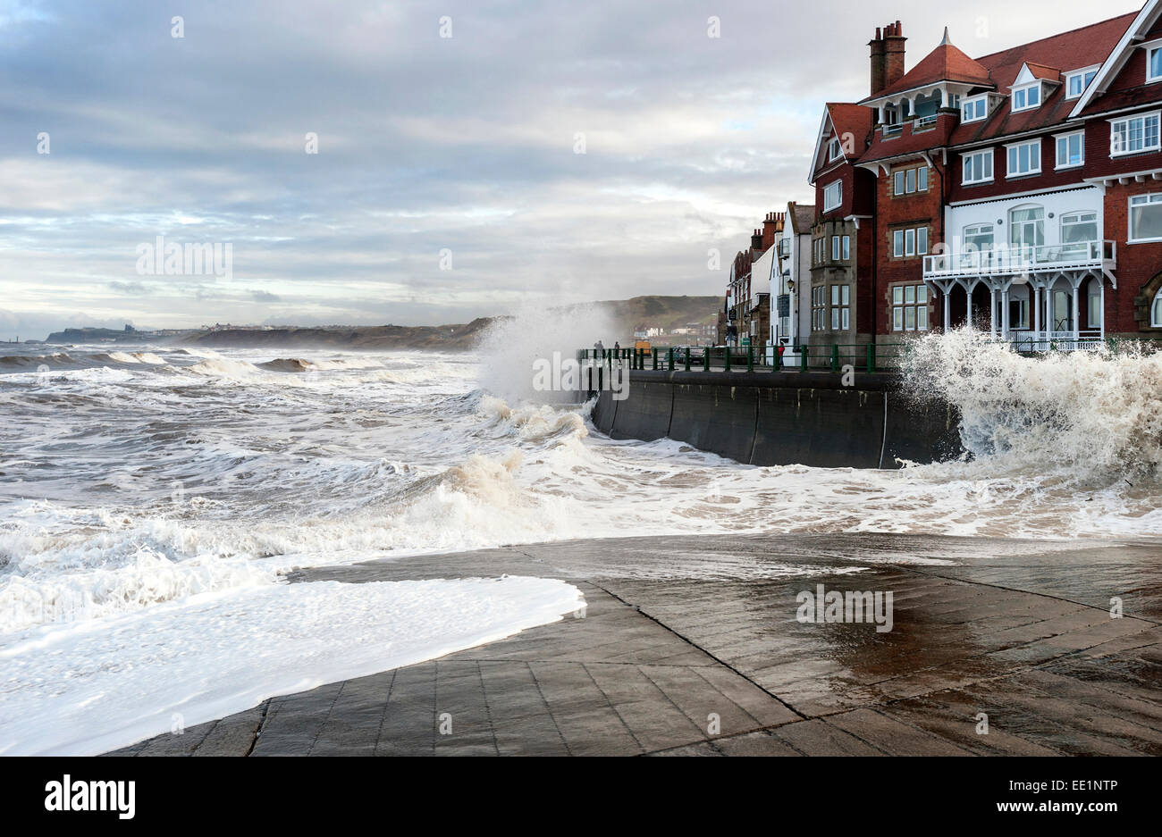 High tide & stormy seas at Sandsend near Whitby Stock Photo