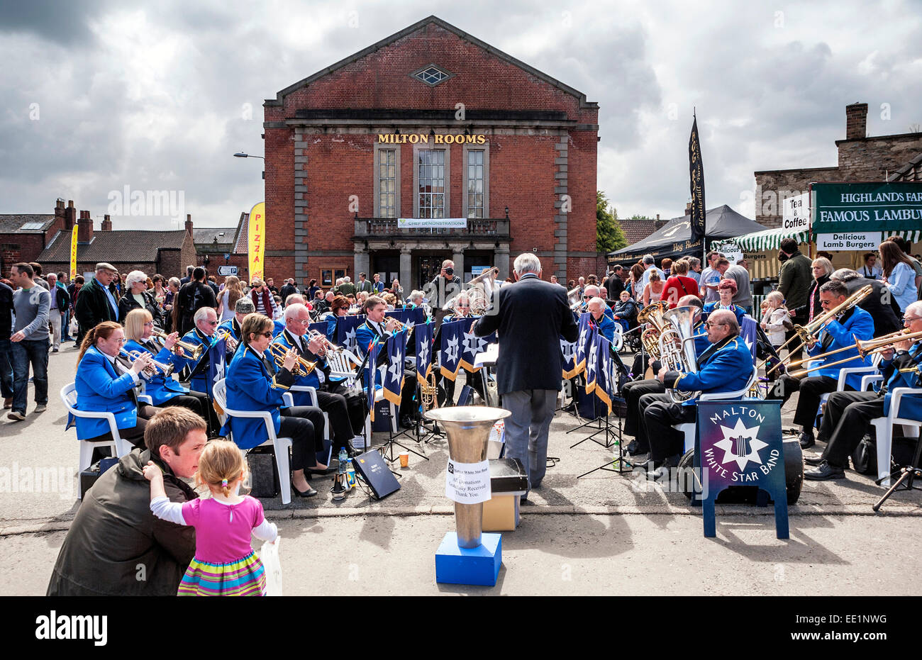 The Malton White Star Brass band playing in front of the Milton Rooms at Malton Food Lovers fair Stock Photo