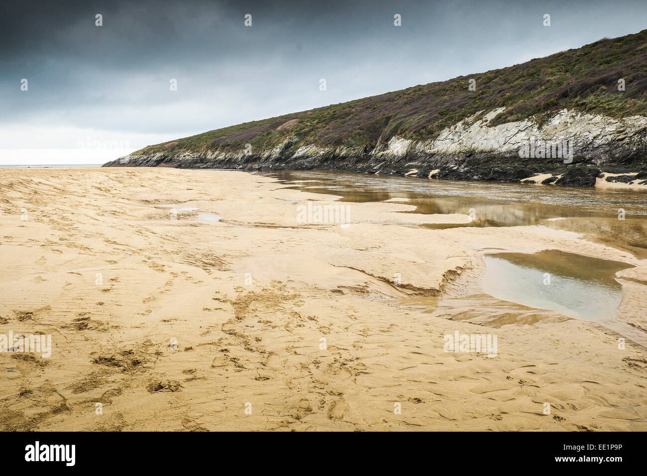 The River Gannel at low tide on Crantock beach in Newquay, Cornwall. Stock Photo