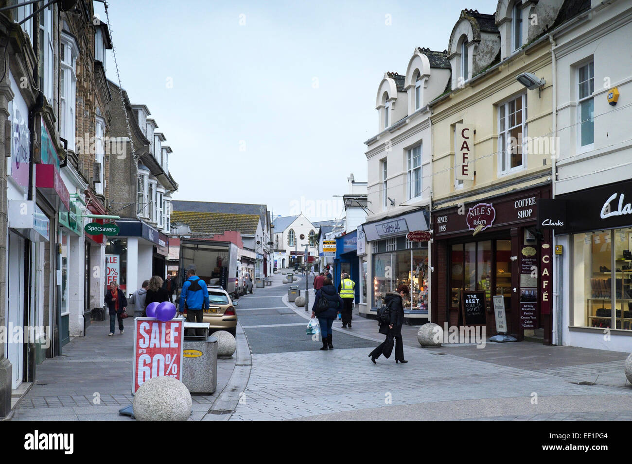 A cold winter's day in Newquay Town Centre, Cornwall, England, UK. Stock Photo