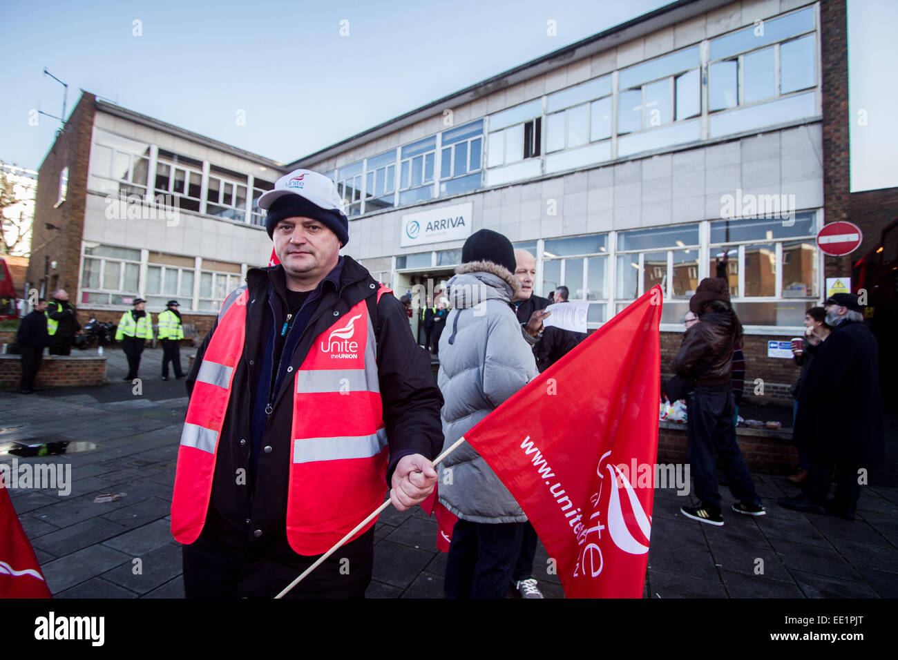A bus Driver on strike outside Telford Avenue bus depot owned by Arriva. Stock Photo