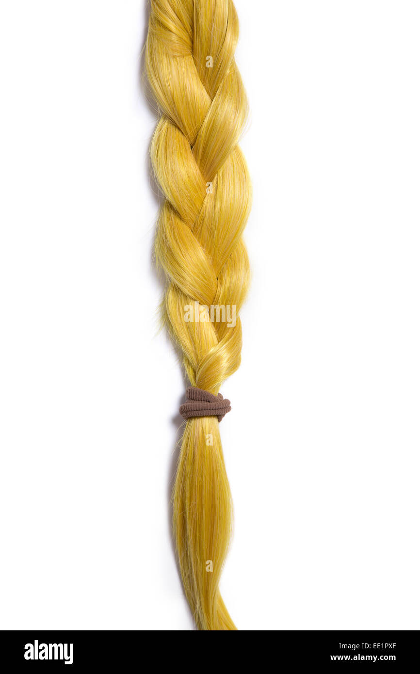 Golden blond hair braided in pigtail, isolated on white background Stock Photo