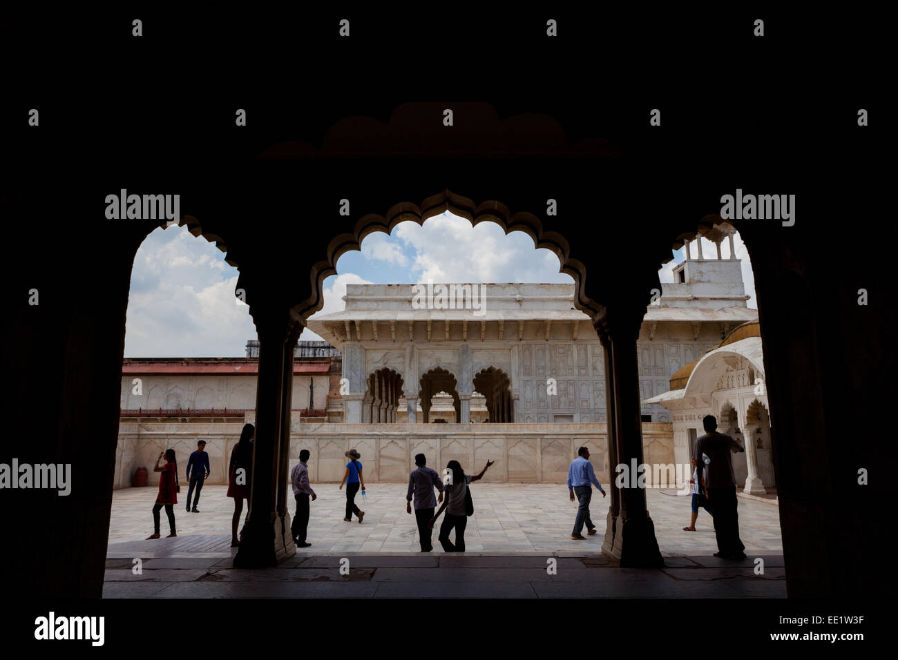 People at the gate of marble building of Nagina Masjid, inside Agra Fort complex. Stock Photo