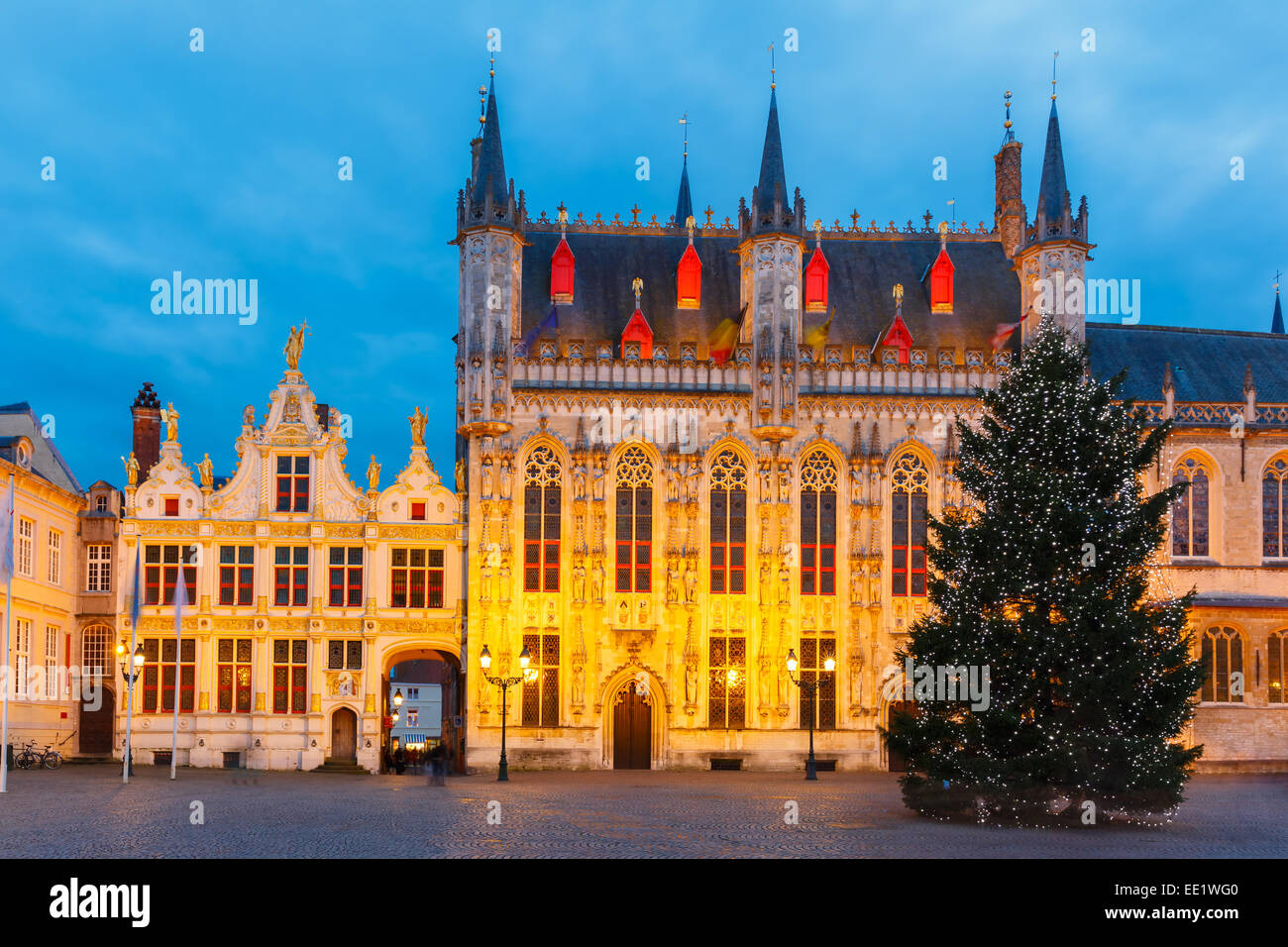 Cityscape with the picturesque Christmas Burg Square in Bruges Stock Photo