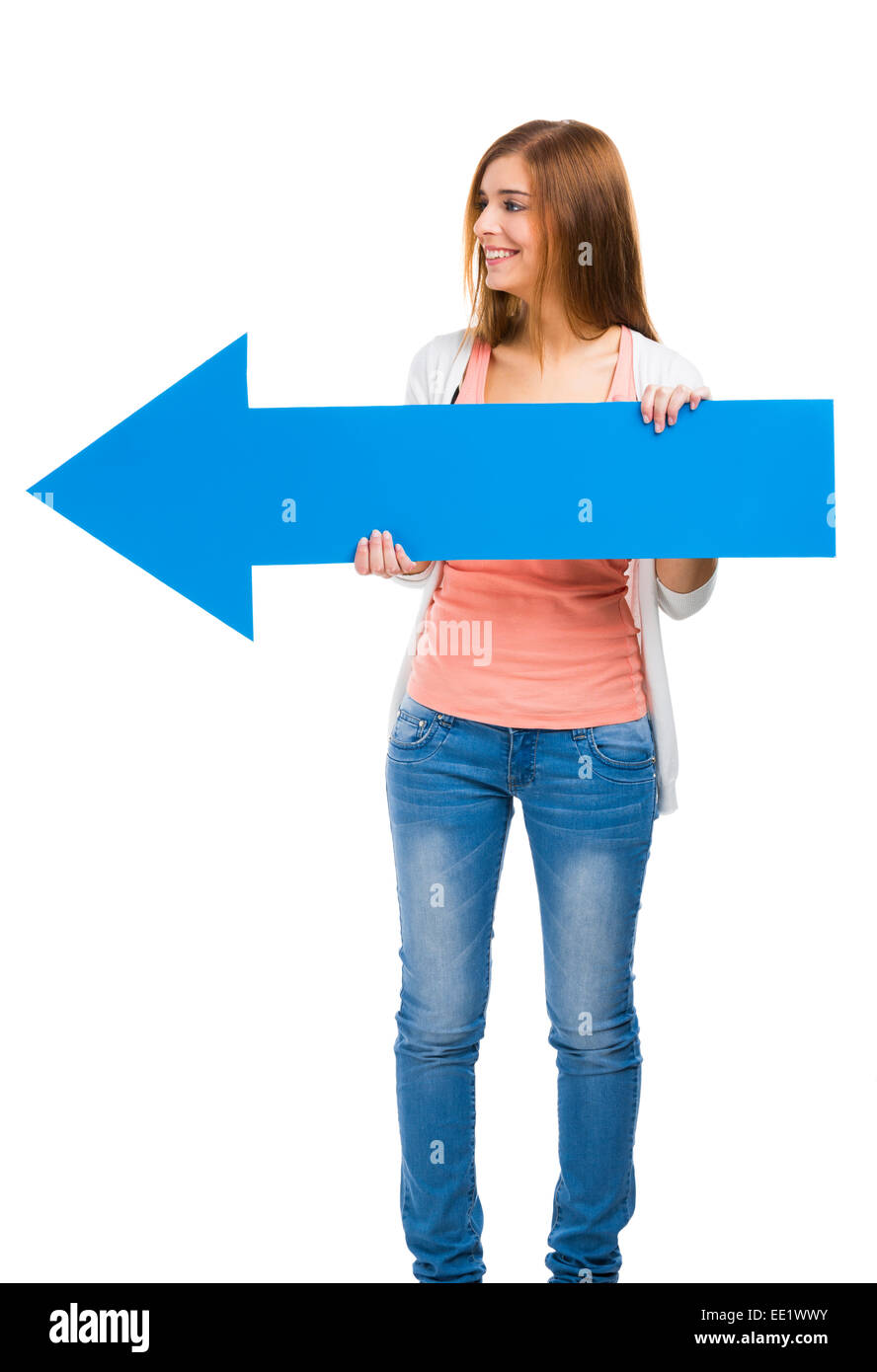 Beautiful woman holding a blue arrow pointing to her left side Stock ...