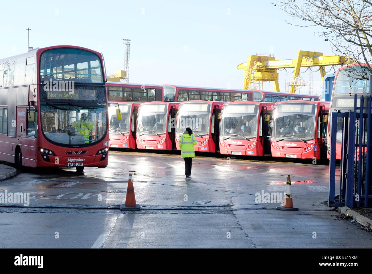 Buses parked at the Willesden Junction depot during the bus drivers strike Stock Photo