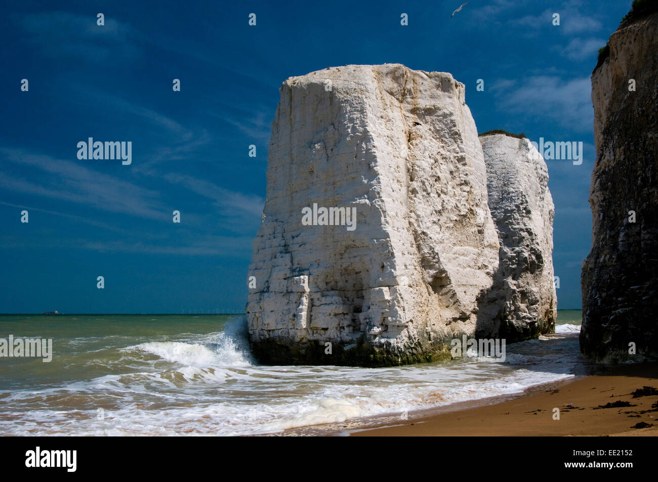 Freestanding chalk cliff stacks at Botany Bay, Kent, U.K. on a sunny day in spring Stock Photo