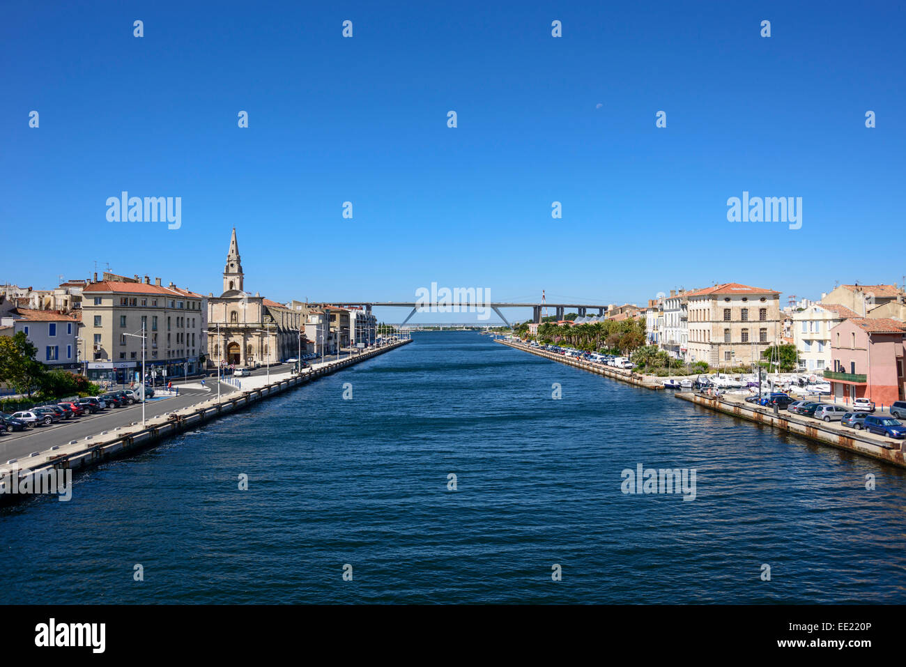 View of Martigues with A55 Highway in the background, Bouches du Rhone, PACA (Provence-Alpes-Cote d'Azur), France Stock Photo