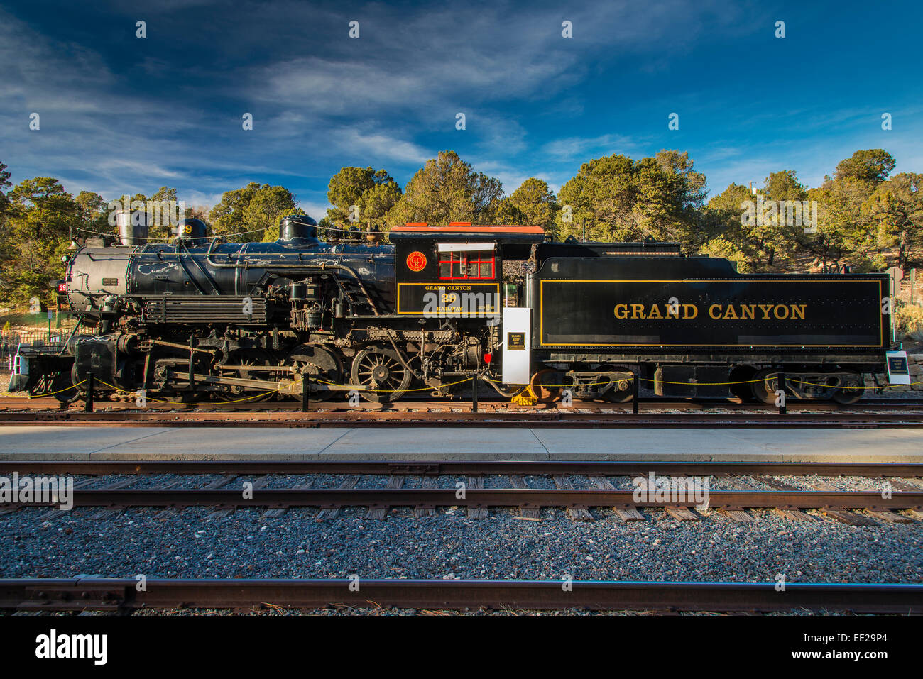 Grand canyon Railway GCRX Engine 29 steam locomotive at Grand Canyon Depot railway station, Arizona, USA Stock Photo