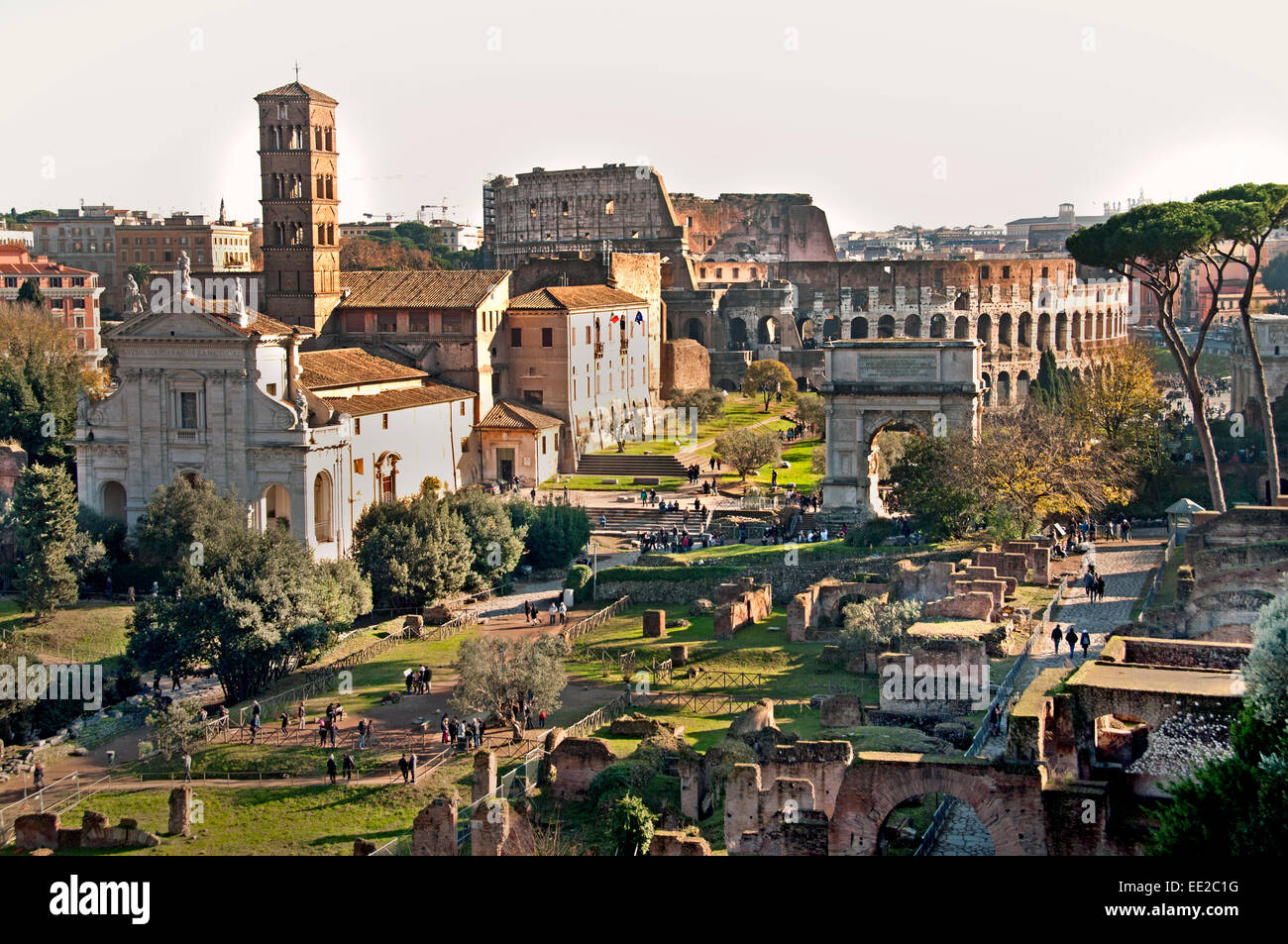 Rome Ruins Forum Romanum Forum with Colosseum beyond Italy Roman Lazio Stock Photo