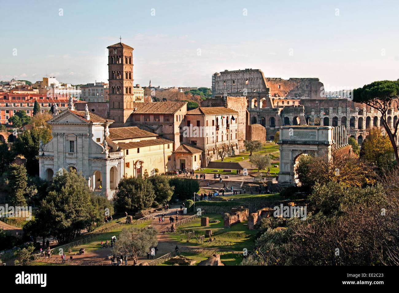 Rome Ruins Forum Romanum Forum with Colosseum beyond Italy Roman Lazio Stock Photo