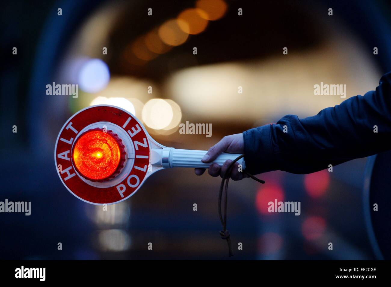 Police Stop sign, Germany, city of Braunlage, 12. January 2015. Photo: Frank May Stock Photo