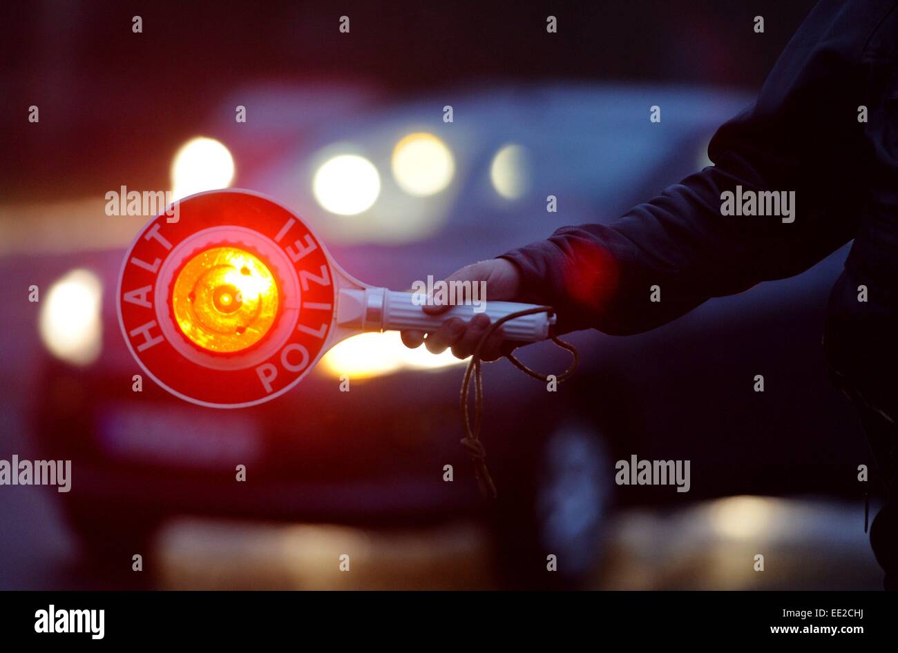 Police Stop sign, Germany, city of Braunlage, 12. January 2015. Photo: Frank May Stock Photo