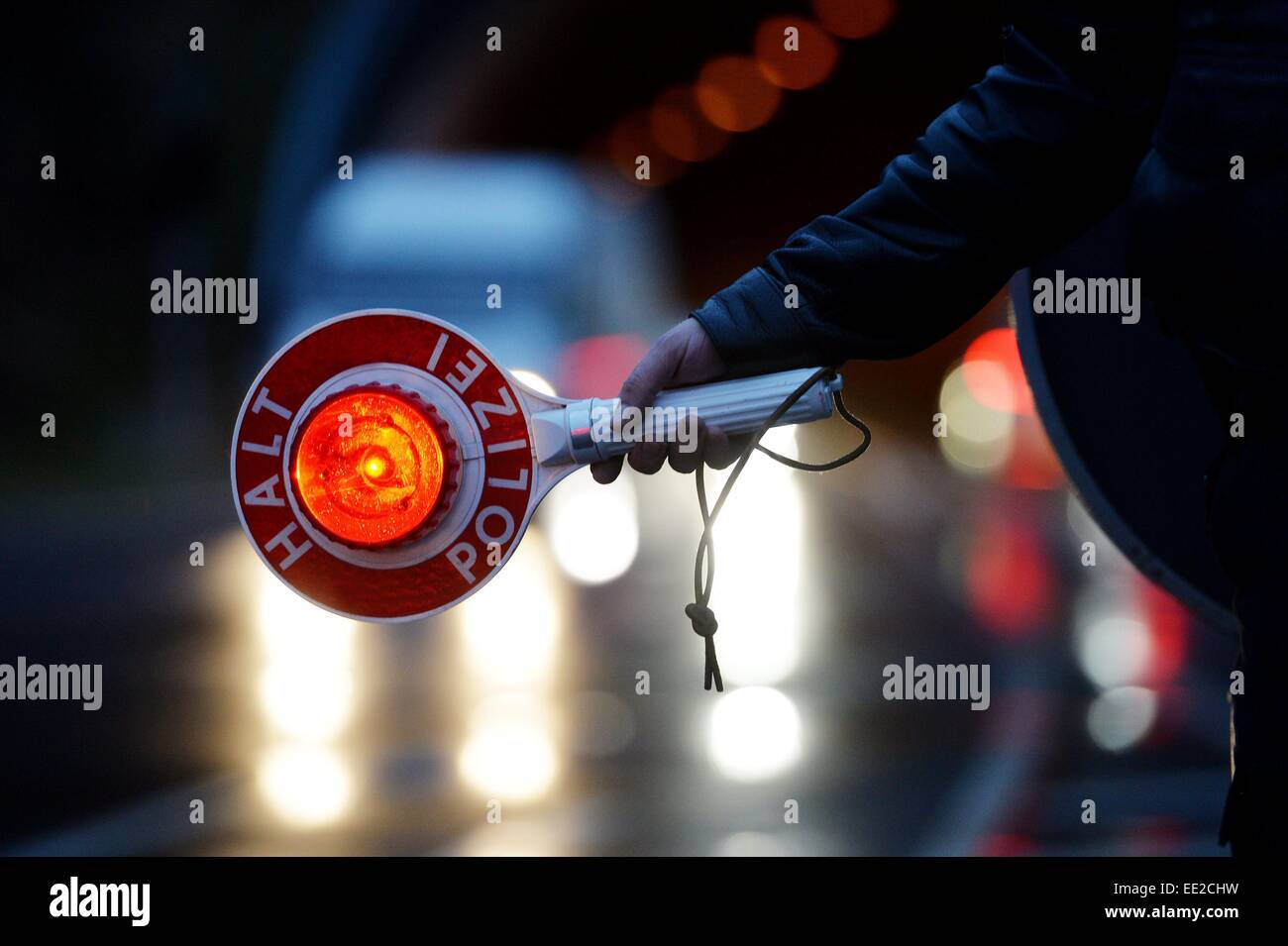 Police Stop sign, Germany, city of Braunlage, 12. January 2015. Photo: Frank May Stock Photo