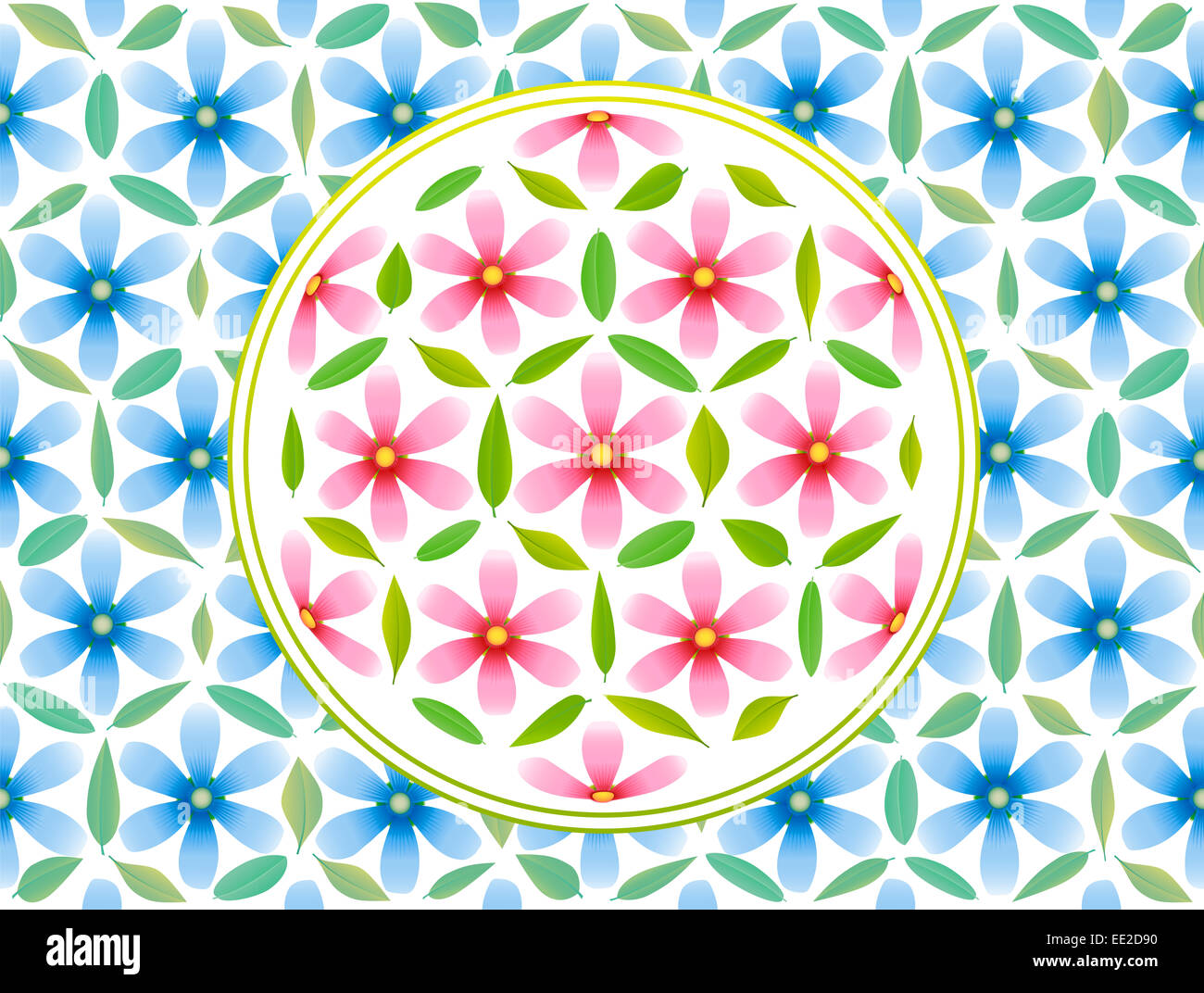 Flower of life symbol - composed of pink flowers and green leaves - and blue flowers in the background. Stock Photo