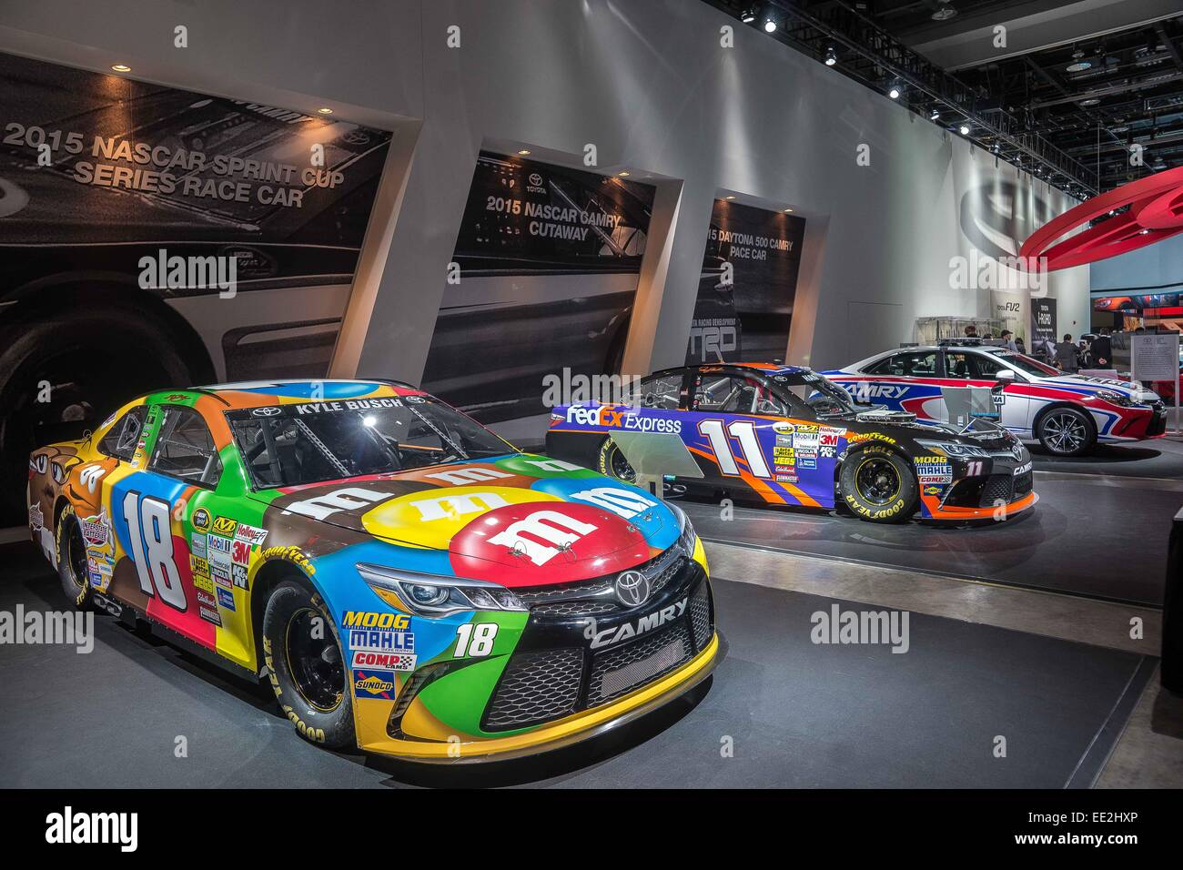 Detroit, MI, USA. 12th Jan, 2015. 2015 Nascar Sprin Cup Series Race Car, 2015  Daytona 500 Camry Pace Car and 2015 Nascar Camry Cutaway dazzle at the  North American International Auto Show, image size:1300x956