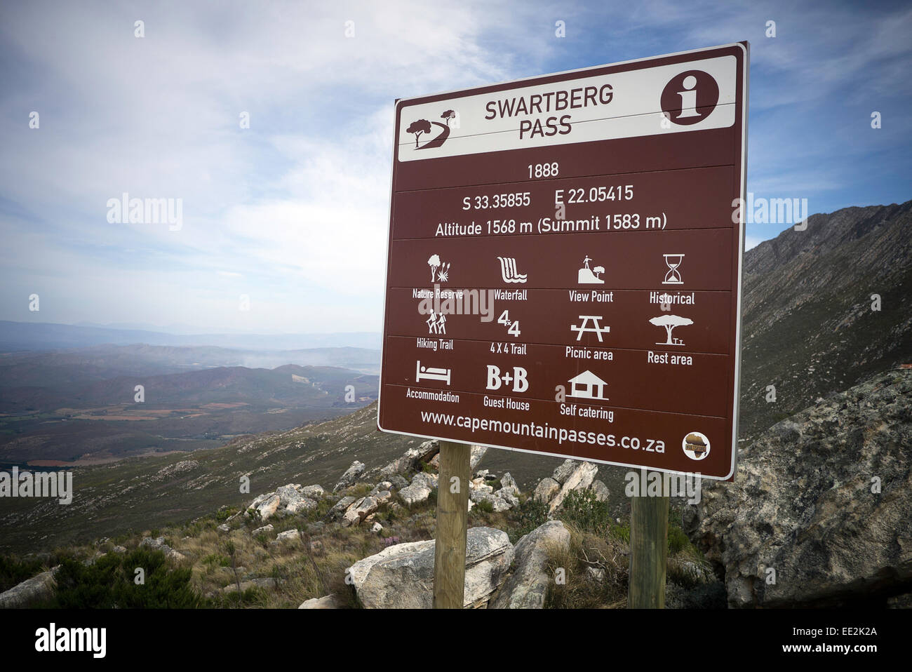 A brown tourist information sign on the Swartberg Pass on the R328 road in the Western Cape, South Africa. Stock Photo