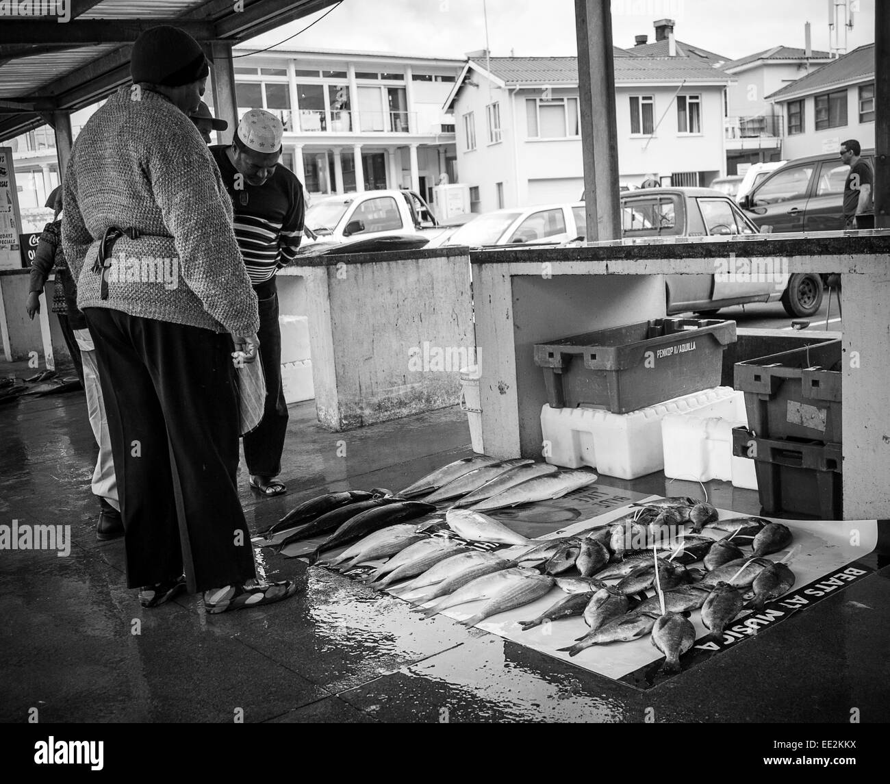 Fish seller at Kalk Bay, Cape Peninsular, Cape Town, South Africa selling locally-caught fish.  Black and white conversion. Stock Photo