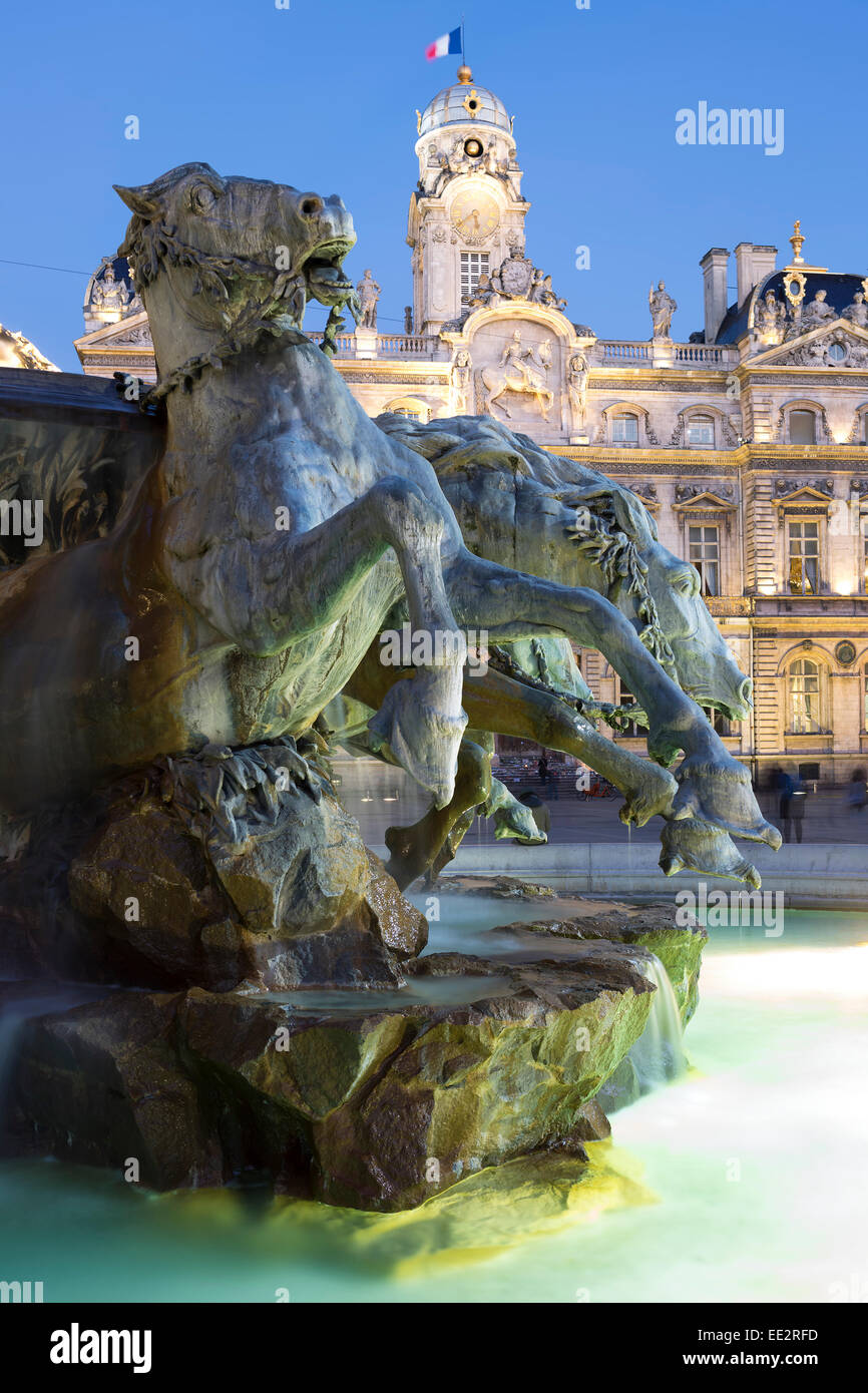 Vertical view of Bartholdi Fountain in Lyon by night, France Stock Photo
