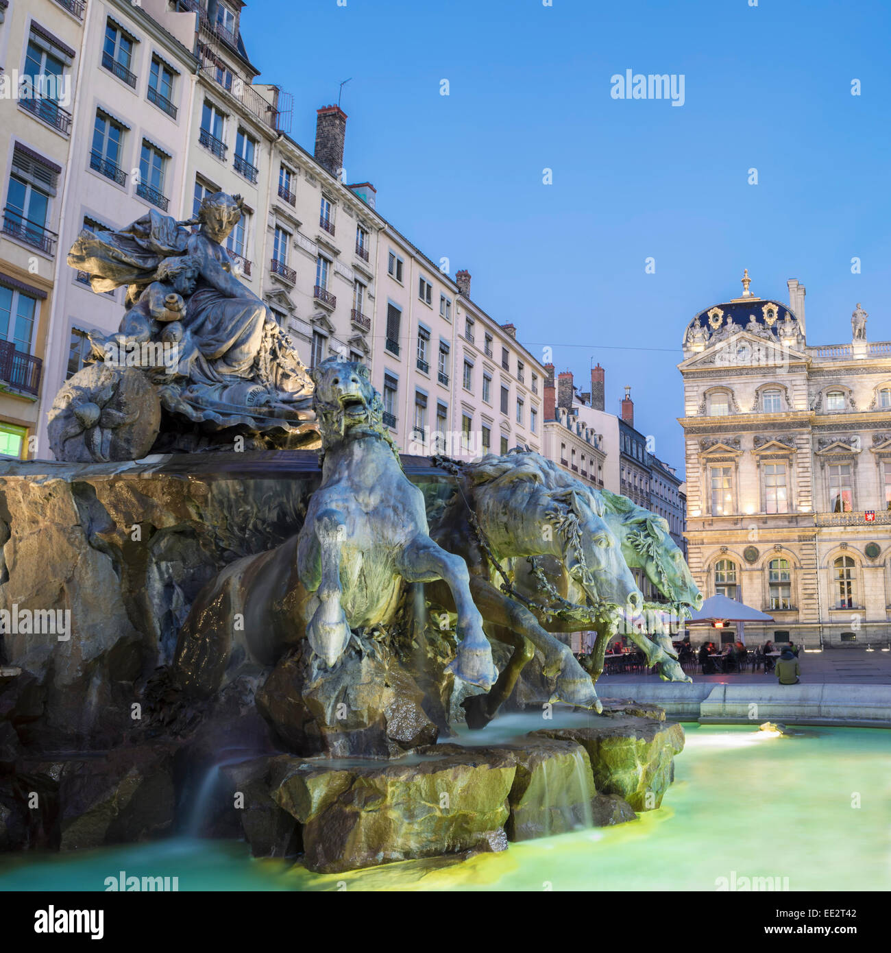 Bartholdi Fountain in Lyon by night, France Stock Photo