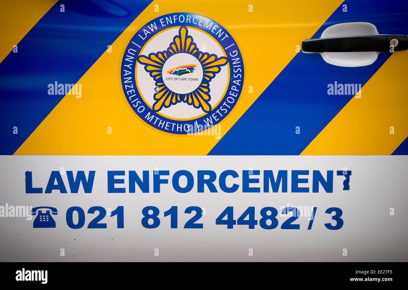 City of Cape Town logo and 'Law Enforcement' sign on a vehicle in central Cape Town,. South Africa. Stock Photo