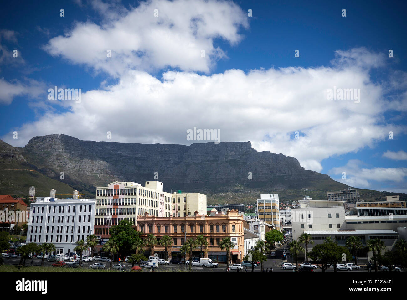 Office buildings in central Cape Town, with Table Mountain in the background, viewed from The Castle of Good Hope.. Stock Photo