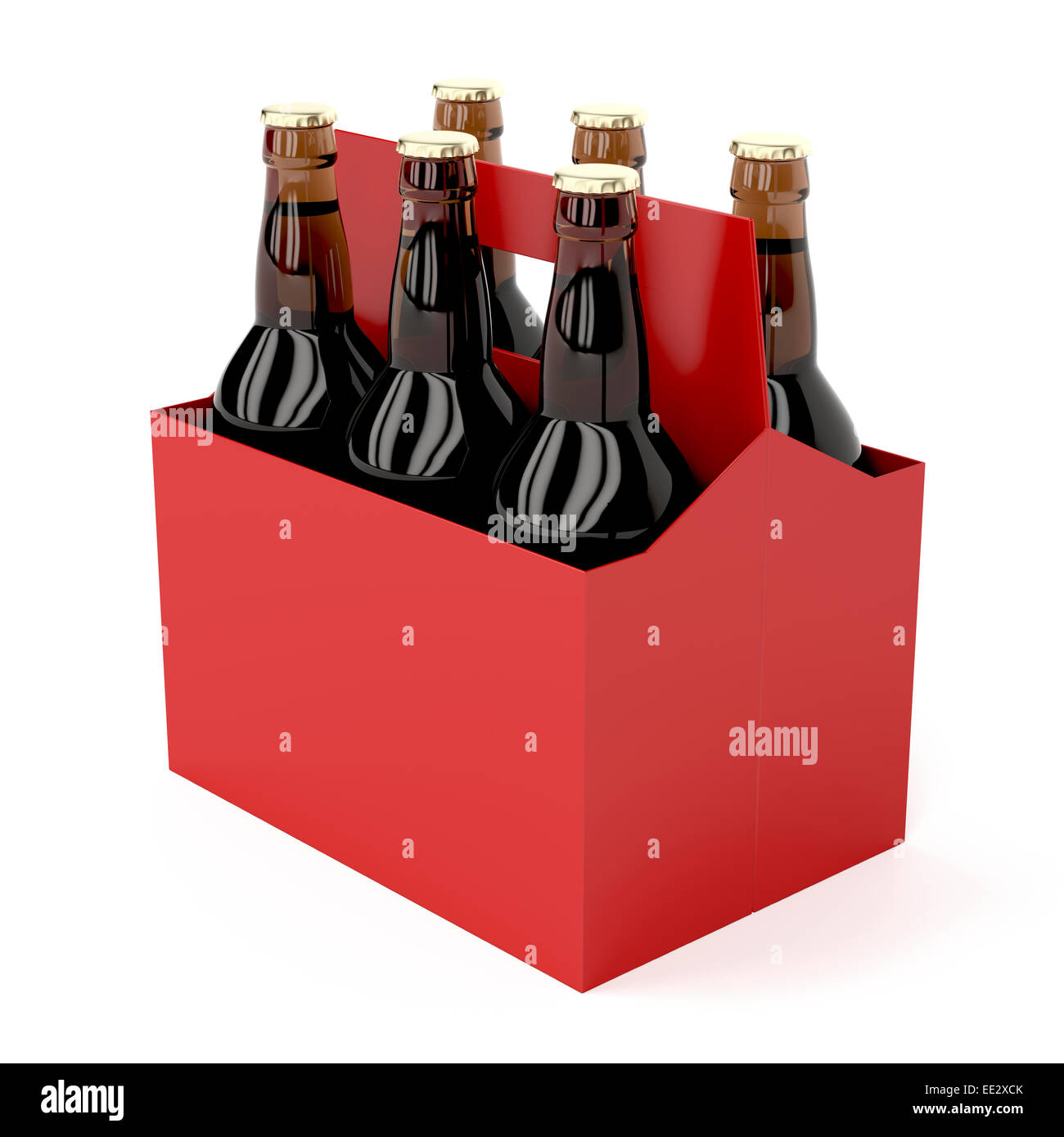 Six pack of dark beer bottles on white background Stock Photo