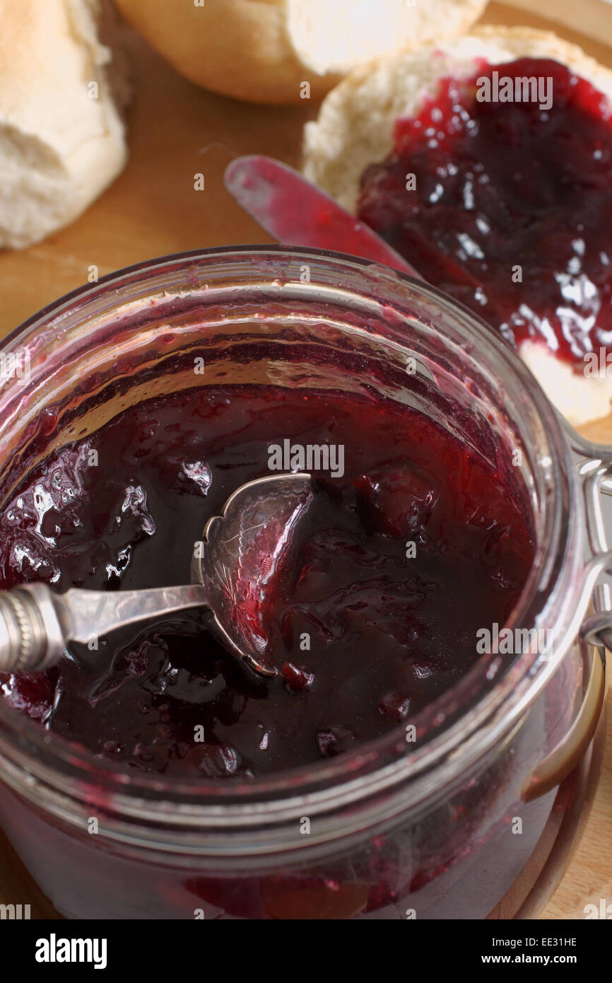 Home made damson or plum jam made with seasonal fruit Stock Photo