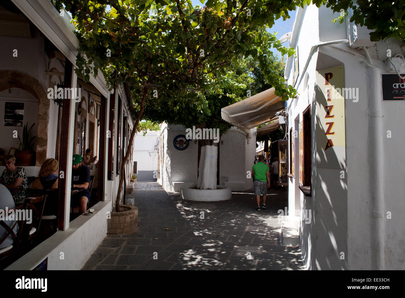 Bars and restaurants in the narrow streets of Lindos, Rhodes island
