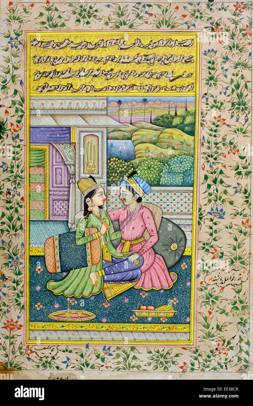 Rajasthani miniature painting from Rajasthan, India.  Probably late 19th century or early 20th century. Stock Photo