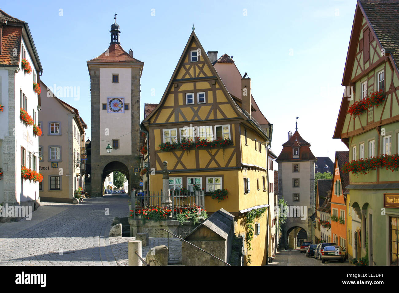Deutschland, Bayern, Rothenburg ob der Tauber, Ploenlein, Siebersturm, 1385, Kobolzeller Tor, 1360, Architektur, Bauwerk, Bauwer Stock Photo