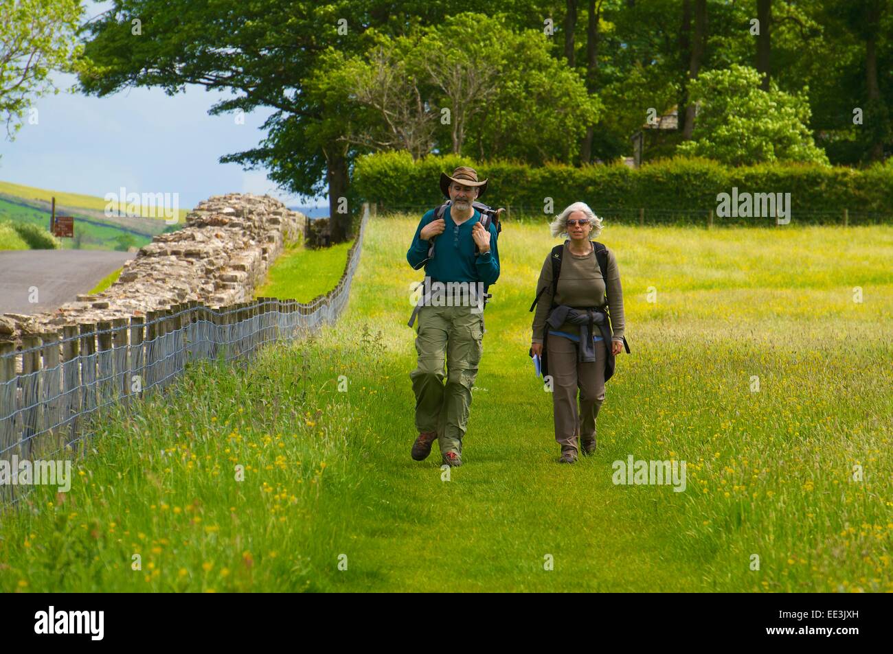 Couple of hikers walking near Birdoswald on Hadrian's Wall, World Heritage Site, Cumbria, England, United Kingdom. Stock Photo
