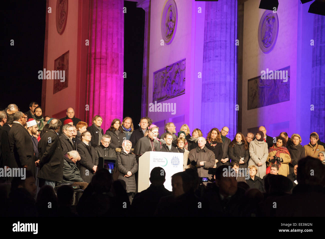 Brandenburg Gate, Berlin, 13 January 2015.  Angela Merkel and Joachim Gauck with other political and religious leaders of different faiths attend a Muslim-led rally for religious tolerance Credit:  Julie g Woodhouse/Alamy Live News Stock Photo
