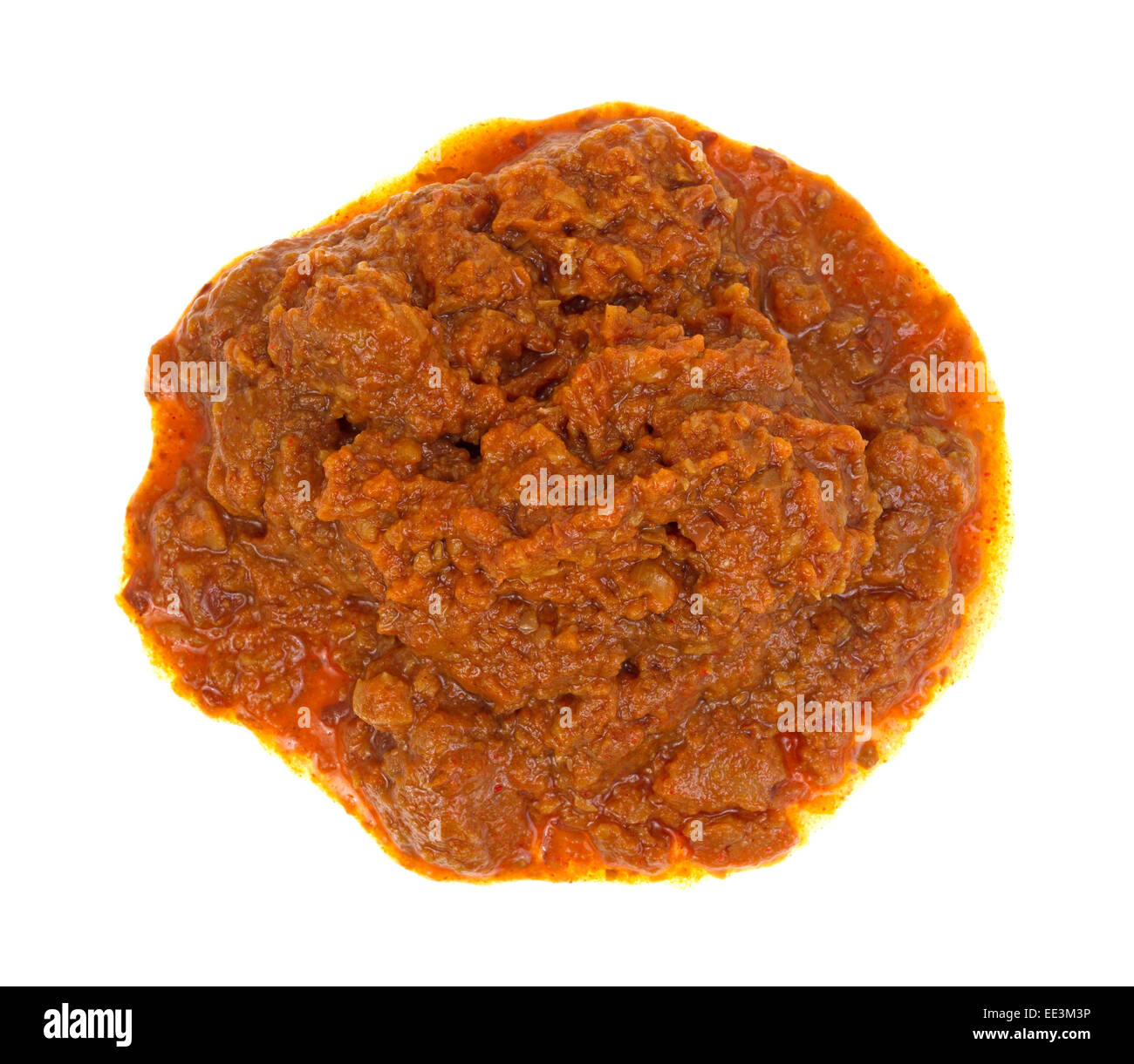 Top view of a portion of hot dog chili topping on a white background. Stock Photo