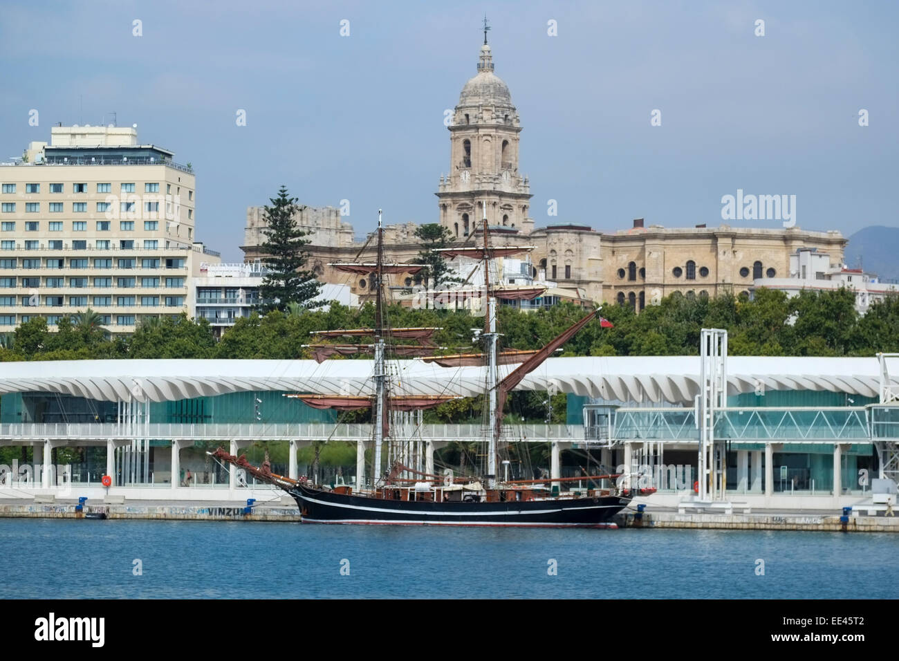 Malaga, Spain Sailing ship docked in the harbour at Malaga in Spain