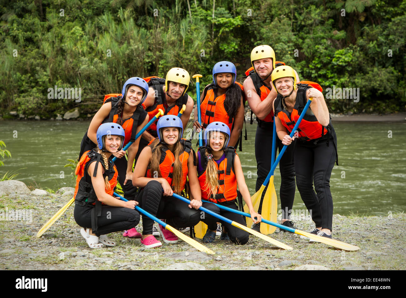 Group Photo Of White Water Rafting Group Before The Departure Specific Equipment Stock Photo